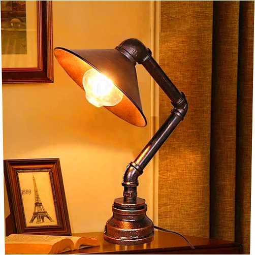 CAILO Vintage American Village Style Desk Light Creative Table Lamp Iron Steel Water Pipe Table Night Light,Industrial Steampunk Retro E27 Indoor Lighting Fixture Gift,Rustic Bedside Desk Lamps