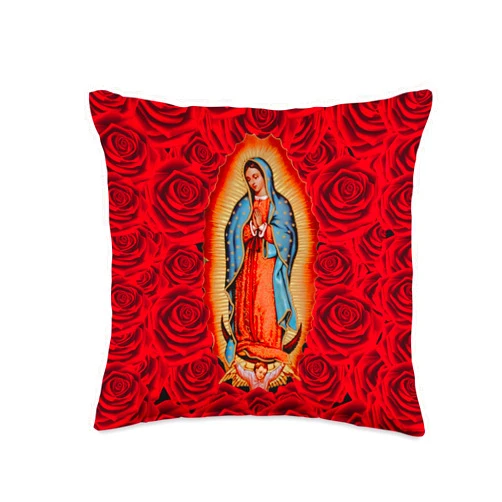 Cosas Mexicanas Accessories Co Our Lady Virgen De Guadalupe Virgin Mary Rose Floral Throw Pillow