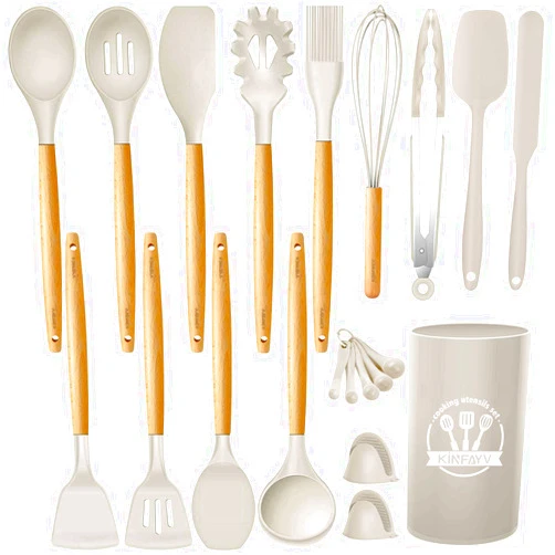 KINFAYV Silicone Cooking Utensils Kitchen Utensil Set, 21 PCS Wooden Handle Nontoxic BPA Free Silicone Spoon Spatula Turner Tongs Kitchen Gadgets Utensil Set for Nonstick Cookware with Holder (Khaki)