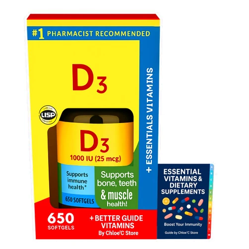Chloe'C Vitamin D3 1000 IU (25 mcg), 650 Softgels, Vitamin D + Essential Vitamins & Dietary Supplements Guide by Chloe’C Store – Bone, Teeth & Muscle and Immune Health Support