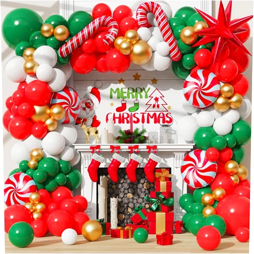 UAEYW Christmas Balloon Garland Arch Kit,156Pcs Xmas Red Green White Gold Balloons with Candy Cane Lollipop Foil Mylar Balloons for Christmas Party Decorations New Year Party Supplies