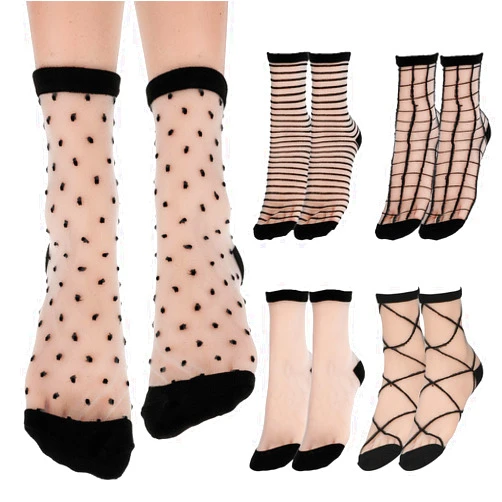 Lusofie 5 Pairs Sheer Socks Black See Through Socks Checkered Dot Striped Plaid Ankle Summer Socks for Women Thin Fashion