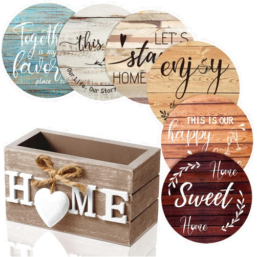 Queekay Coasters Set of 6 House Warming Gifts New Home Wooden Farmhouse Drink Coasters with Holder 4'' Funny Decoration for Kitchen Family Coffee Bar Tabletop Protection(Farmhouse Color)
