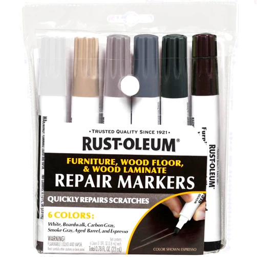 Rust-Oleum Furniture, Wood Floor and Wood Laminate Repair Markers, 6 Count, White, Boardwalk, Aged Barrel, Carbon Gray, Smoke Gray and Espresso, ‎Cool Tones, 376990