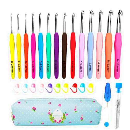 Yarniss 14 Size Crochet Hooks Set,MultiColor,2mm(B)-10mm(N) Ergonomic Crochet Hooks with Case for Arthritic Hands, Extra Long Crochet Needles