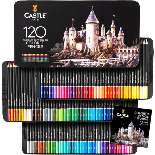 Castle Art Supplies 120 Colored Pencils Set | Quality Soft Core Coloring Pencils for Adults, Professionals and Colorists | Protected and Organized in Presentation Tin Box
