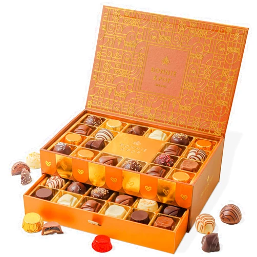 BONNIE AND POP Chocolate Gift Basket, Candy Food Gifts, Gourmet Snack Box, Holiday Present Idea, Corporate Him & Her, Men, Women, Two-Tier Box with Assorted Belgian Truffles, 10+ Flavors, Bonnie and Pop (Copper)