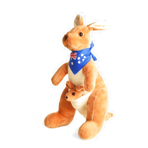 BOHS Kangaroo Stuffed Animal Toy with Joey in Pouch and Australia Scarf - Soft and Cuddly Plush Toy for Kids - 11.8 Inches