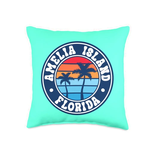 Vibrant Towns Across America USA Travel Souvenir Amelia Island Florida Retro Sunset Palm Trees Hometown Pride Throw Pillow, 16x16, Multicolor