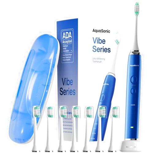 Aquasonic Vibe Series Ultra-Whitening Toothbrush – ADA Accepted Electric Toothbrush - 8 Brush Heads & Travel Case – 40,000 VPM Motor & Wireless Charging - 4 Modes w Smart Timer – Sapphire Blue