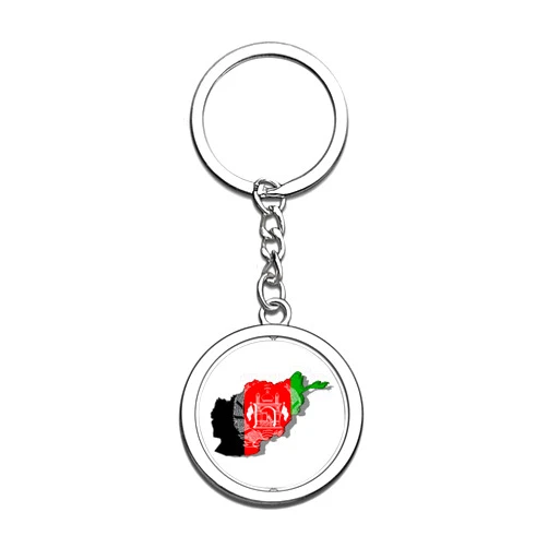 Hqiyaols Souvenir Afghanistan Map National Flag Keychain 3D Crystal Creative Spinning Round Stainless Steel Keychain Travel City Souvenir Key Chain Ring