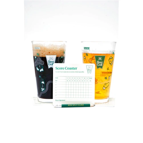 Beer Golf The Original Twosome Set (2-Pack) | 16 oz Precision Drinking Game Pint Glasses | Includes Scorecard Coasters & Pencil | The Ultimate Party Game & Golf Gift