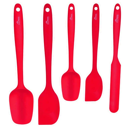 HOTEC Food Grade Silicone Rubber Spatula Set for Baking, Cooking, and Mixing High Heat Resistant Non Stick Dishwasher Safe BPA-Free Red Set of 5