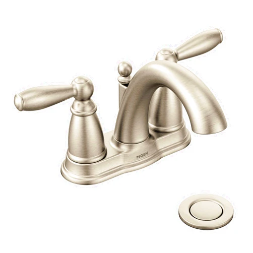 Moen Brantford Brushed Nickel Two-Handle Low-Arc Centerset Bathroom Faucet with Drain Assembly, 6610BN