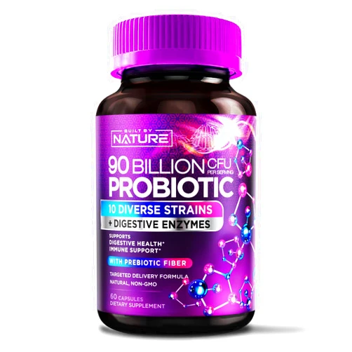 Built by Nature 90 Billion CFU Probiotic - Daily Digestive Gut Health Supplement for Men & Women - Lactobacillus acidophilus, Bifidobacterium & Prebiotics - Non-GMO, Gluten & Dairy Free, Shelf-Stable - 60 Capsules