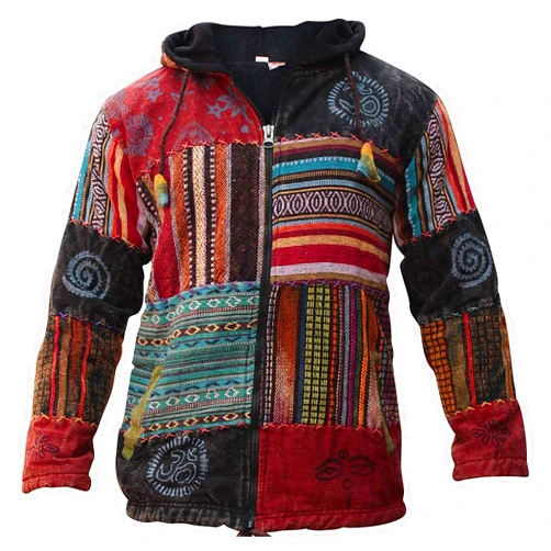 Shopoholic Fashion Patchwork Festival Hippie Hoodie Jacket, Fleece Lined Long Sleeve Zip Up Sweater for Men and Women
