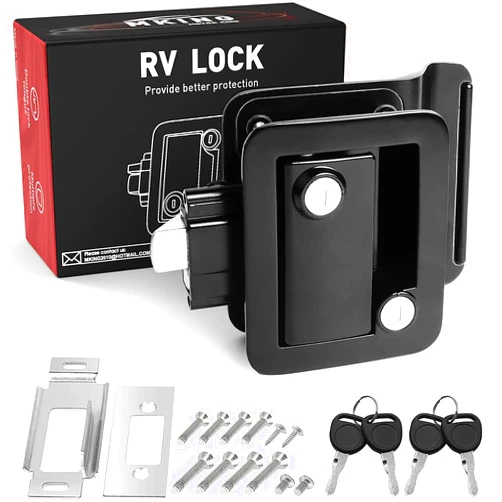 MKING RV Entry Door Lock, Camper Lock, Travel Trailer Door Latch, Zinc Alloy Lock Replacement Kit with Paddle Deadbolt 4 Keys, for Camper Horse Trailer Cargo Hauler, Black