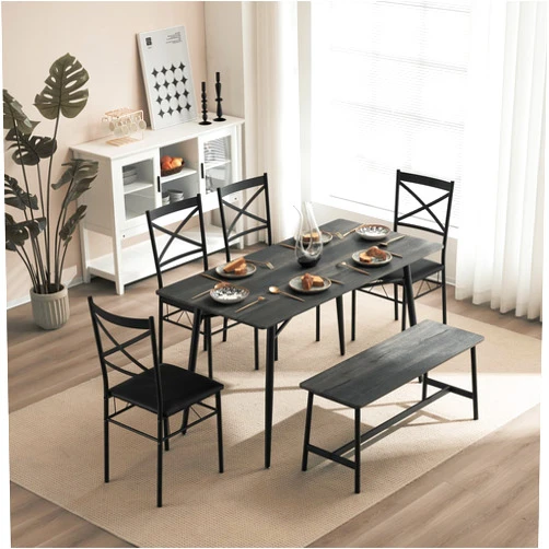 VINGLI 55in Modern Dining Table Set for 6, Rectangular Kitchen Dining Table, Bench, 6 Piece Wooden Dinner Table Set with Upholstered Chairs for Kitchen, Dining Room, Apartment - Dark Grey