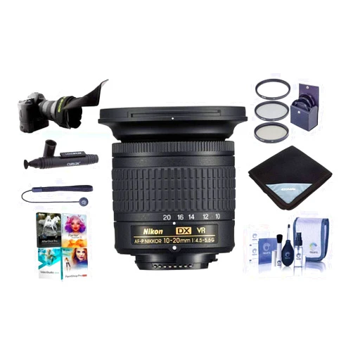 Nikon AF-P DX NIKKOR 10-20mm f/4.5-5.6G IF VR ZoomLens - Bundle with 72mm Filter Kit, Lens Wrap 15x15, Flex Lens Shade, Cleaning Kit, Capleash II,Lenspen Cleaner, Software Package