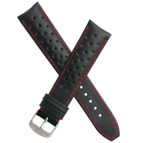 Watch Strap World Watchstrapworld TH-20-01-0511P - 20 mm Heuer Carrera style Black sports perforated pin buckle leather watch band with red stitching - compatible with all watches with a standard 20 mm lug width