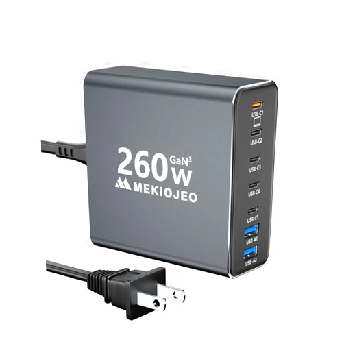 MEKIOJEO Aluminum Alloy 260W USB C Charger GaN Charger Fast USB C Charging Station 7 Ports 65W Laptop Charger for MacBook Pro/Air/iPad Pro/iPhone (Grey)