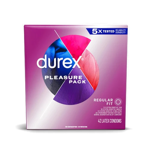 Durex Pleasure Pack Assorted Condoms, Natural Rubber Latex Condoms for Men, Regular Fit, FSA & HSA Eligible, 42 Count (Packaging may Vary)