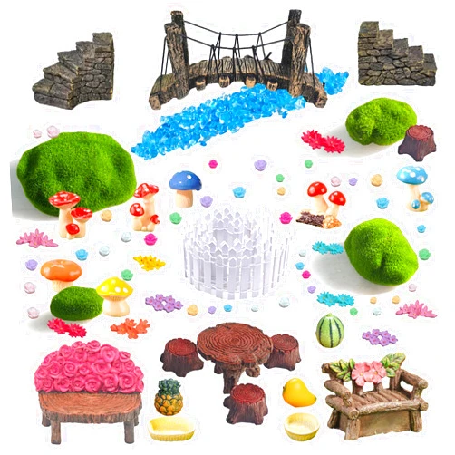 Kai Dream Fairy Garden Accessories, Miniature Fairy Garden Kit, 118 Piece Mushrooms, Bridge, Steps, Moss Rocks, Fence & Furniture Resin Figurines for Outdoor Terrarium Décor & Micro Landscape