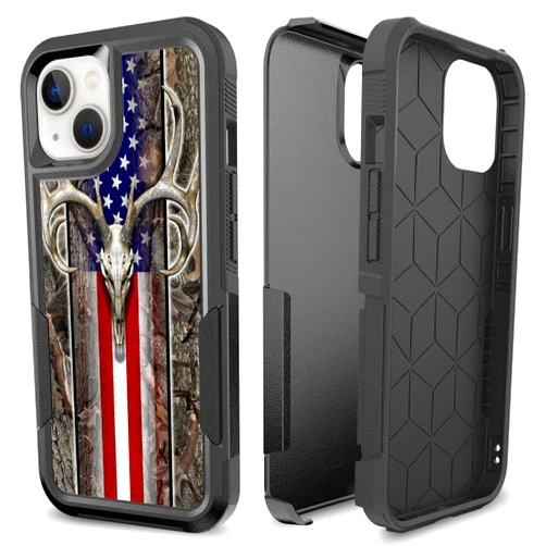 CaseZoo for iPhone 12 Pro, iPhone 12 Defender Case, Heavy Duty 360 Full Body Shockproof Protection Hard Plastic+Silicone Rubber Hybrid Case for iPhone 12 iPhone 12 Pro (American Flag Camo Deer Skull)
