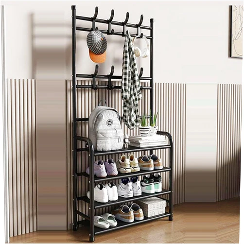 Caimcie Coat Rack with 4 Shoe Racks,Multifunctional Metal Coat Rack,H-Shaped Frame Clothes Hanger Stand,Space-Saving Bedroom Coat Rack Black,60 * 26 * 150cm