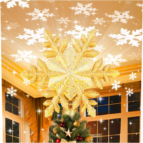 PliMook Christmas Tree Topper Lighted with 6 Projection Slides, PliMook Snowflake Christmas Tree Topper LED Rotating 3D Lighted Tree Toppers Glitter Tree Topper Projector for Christmas Tree(Gold)