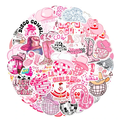 SVGDHZK 55pcs Disco Cowgirl Stickers,Pink Disco Party Decor,Western Cowgirl Aesthetic Waterproof Stickers for Water Bottle Laptop Skateboard Pink Preppy Decor for Teen Girl Bedroom Decor (cowgirlD)