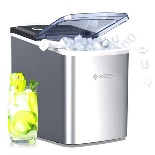 ecozy Portable Ice Maker Countertop, 9 Cubes Ready in 6 Mins, 26.5 lbs in 24 Hours, Self-Cleaning Ice Maker Machine with Ice Bags/Ice Scoop/Ice Basket for Home Kitchen Office Bar Party, Silver