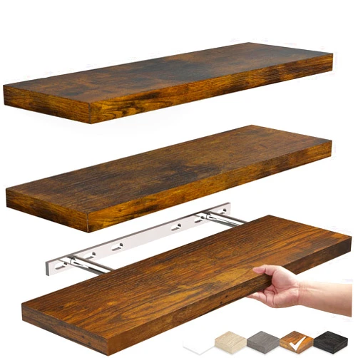 BAYKA Floating Wood Shelves - Wall Mounted for Bathroom,Bedroom,Living Room,Kitchen,Small Hanging Shelf for Books/Storage/Room Decor with 22lbs Capacity(Rustic Brown,Set of 3,15.7inch)