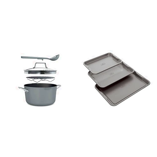 Ninja CW202GY Foodi NeverStick PossiblePot, Premium Set with 7-Quart Capacity Pot, Roasting Rack, Sea Salt Grey & B33003 Foodi NeverStick Premium 3-Piece Baking Sheet Set, Nonstick, Grey