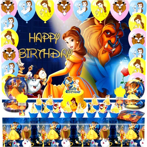 Chavefruiney Beauty and The Beast Party Supplies Birthday Bella Party Decorations for Girls Belle Party Favors Includes Plates and Napkins and Cups Tablecloth Balloons Kit Trays for Adult for 1st 4th 5th Kids