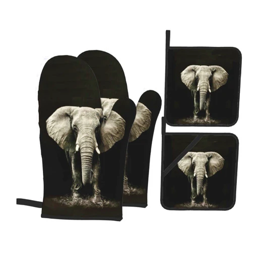 Opumxzb Elephant Oven Mitts and Pot Holders Sets 4 Pcs Set, Heat Resistant Oven Gloves Hot Pad for Kitchen Cooking Baking BBQ