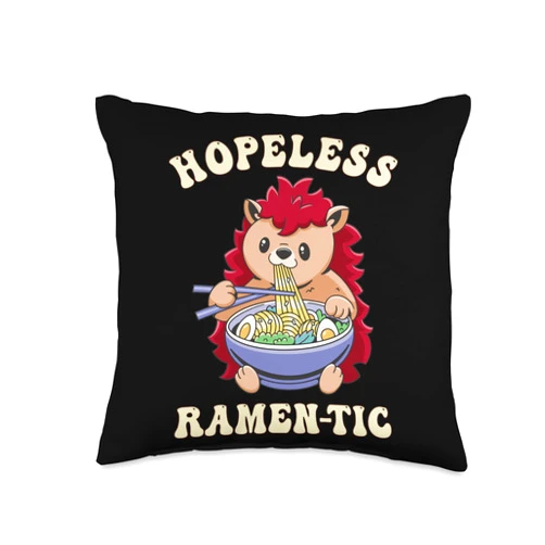 I LOVE RAMEN & HEDGEHOGS Hopeless RamenTic Funny Ramen Hedgehog Japanese Noodle Throw Pillow, 16x16, Multicolor