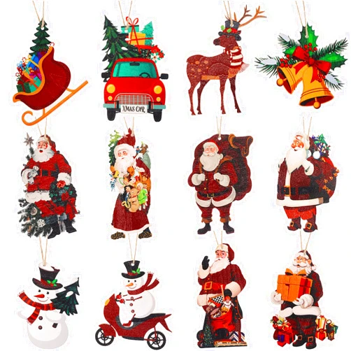 Maitys 12 Pieces Christmas Hanging Ornaments Santa Christmas Tree Ornaments Decorations Xmas Wooden Handmade Wood Santa Snowman Reindeer with String for Christmas Home Decor Craft Gift Holiday Party Supplies