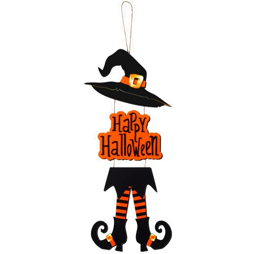 Yerliker Halloween Happy Sign Decoration Witch Legs Hat Hanging Wooden Wall Decor Version Rustic Front Door Hanger Fall Art Ornament for Home Room Indoor Outdoor Holiday Party(Orange)