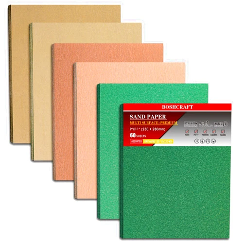 BOSHCRAFT 60 PCS Sandpaper, Sandpaper Assortment Sandpaper for Wood Metal Automative Furniture Hand Sander Paper 60/80/120/150/220/320 Grit Sandpaper Sheet Sanding Paper Cut for Use 9