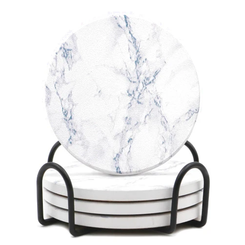 LIFVER Coasters Set of 4, Home Decor, Coasters for Drinks, White Marble-Style Absorbent Coasters with Holder, Housewarming Gifts for Suitable for Kinds of Cups, 4 Inches
