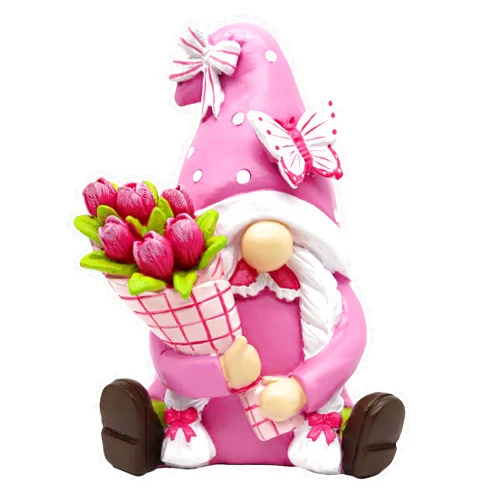KnomeKo Spring Pink Gnome Figurine Decor- 5.7'' Waterproof Resin Garden Gnome Statue, Gift for her