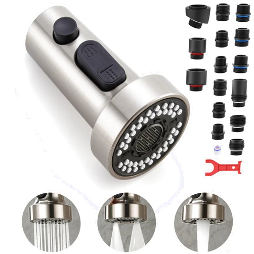 TIORIY Pull Down Spray Head Replacement - for Kitchen Faucet Sprayer Head with 15 Adapters, 3 Function Pull Out Faucet Spray Nozzle, Brushed Nickel