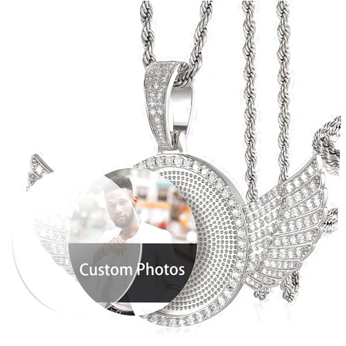 YIMERAIRE Personalized Picture Pendant Necklace Blank Picture Pendant Charm Iced Out Round Angel Wings Pendant with Rope Chain for Women and Men