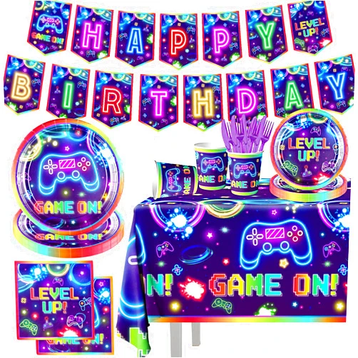 Pymurod 142pcs Video Game Birthday Decorations Gaming Party Video Game Plates and Napkins Tablecloth Cups for Kids Boys Girls Neon Video Game On Birthday Party Favors Supplies
