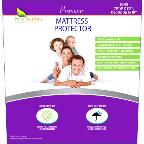 Four Seasons Essentials King Size Waterproof Mattress Protector - Fitted Sheet Style - Hypoallergenic Premium Quality Cover Protects Against Dust, Allergens