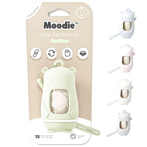 Moodie Teddy Bear Diaper Bag Dispenser | Diaper Trash Bags on the Go Dispenser w/Silicon Strap | 15 UNSCENTED Baby Poop Bags per Roll | Dirty Diaper Bags Disposable | Diaper Waste Bags (SAGE GREEN)