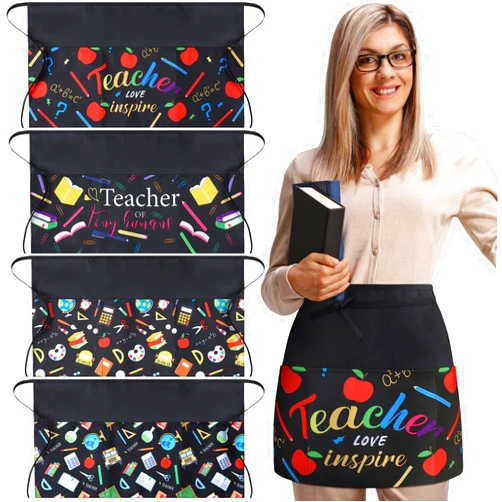 Handepo 4 Pieces Waist Apron for Teachers with 3 Pockets Waterproof Half Aprons Back to School Teacher Apron for Teacher Appreciation Gift As Pictures Shown