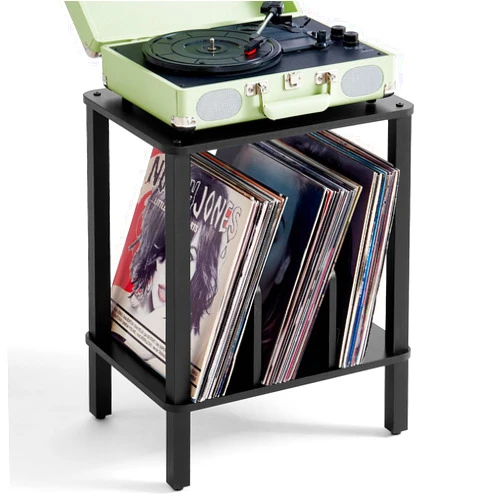 LELELINKY 2-Tier Record Player Stand with Vinyl Record Storage up to 100 Albums, Bedroom Record Holder and Multi-Functional End Table for Living Room, Black