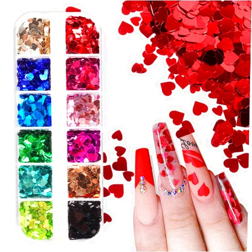 Furimuk Heart Glitter Sequins for Valentine's Day Nail Art,12 Colors 3D Holographic Sparkles Heart Shape Flakes Sticker Confetti Glitter Nail Decals for Nail Decoration Eye Face Body DIY Crafts